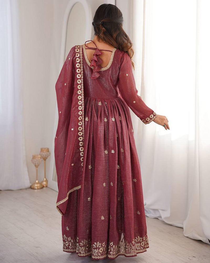 Dusty Maroon Color Crunchy SilkThree Piece Anarkali Suit