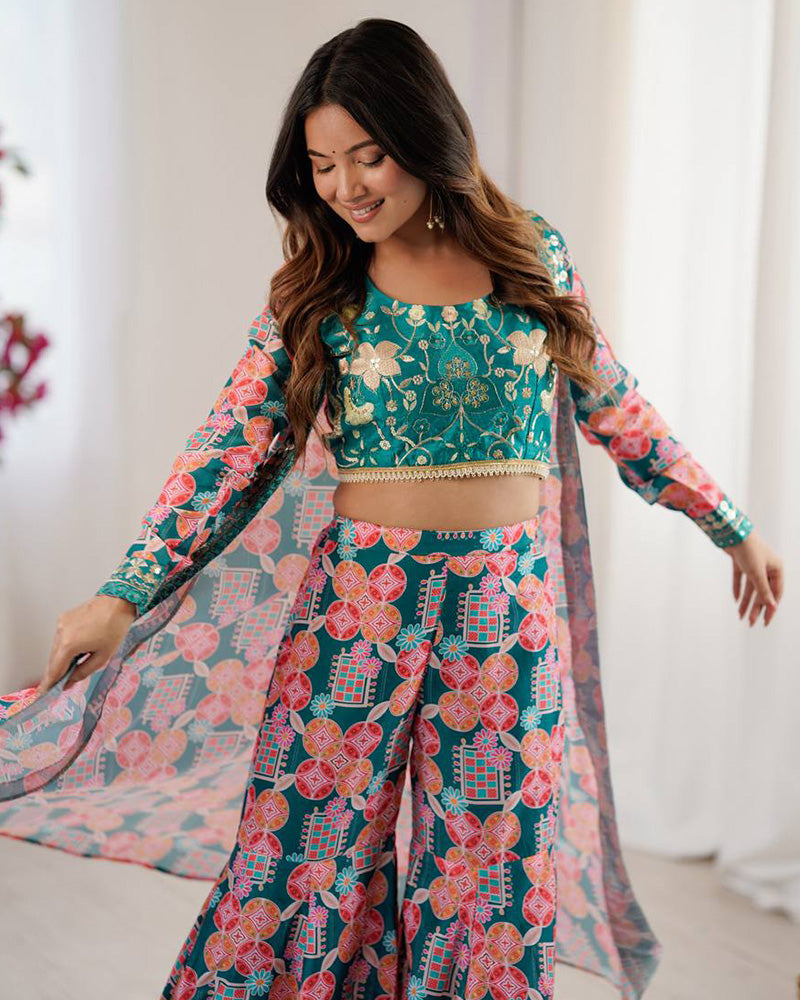 Bottle Green Color Muslin Cotton Printed Plazzo Suit