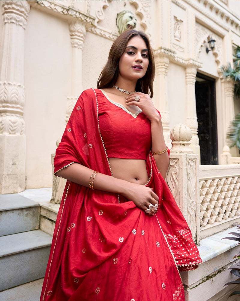 Red Color Pure Chanderi Plain Navratri Half Saree