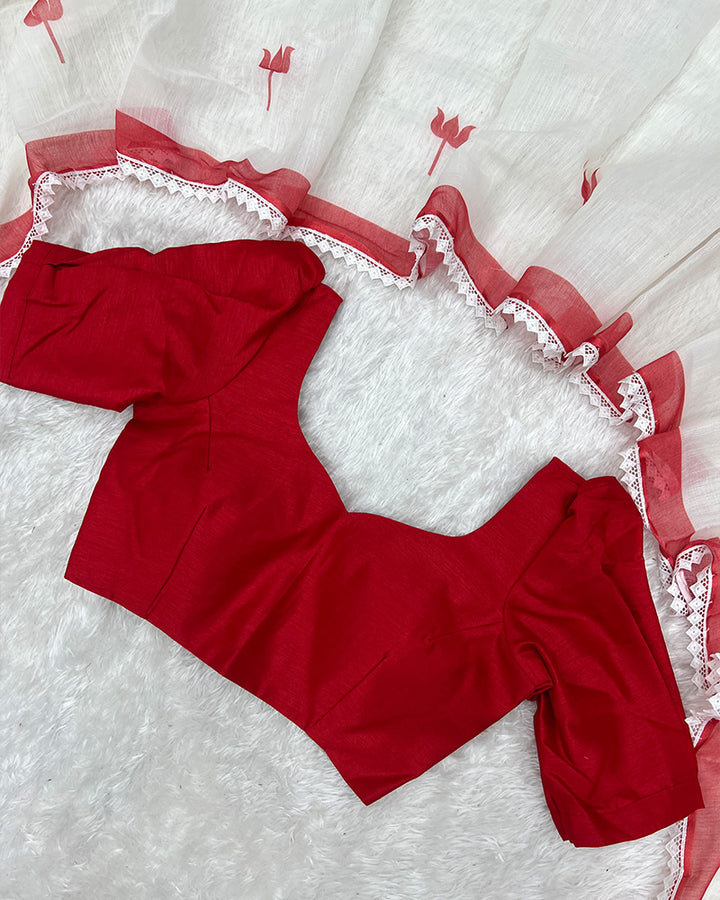 White Color Linen Printed Saree