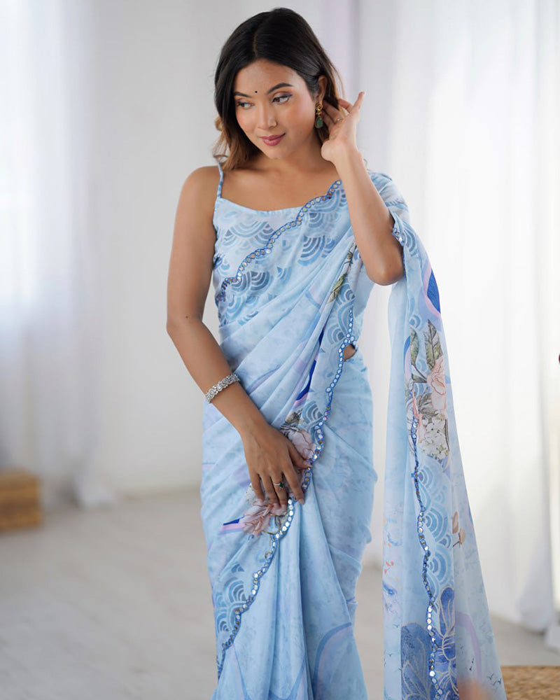 Ocean Color Chinnon Silk Mirror Work Saree