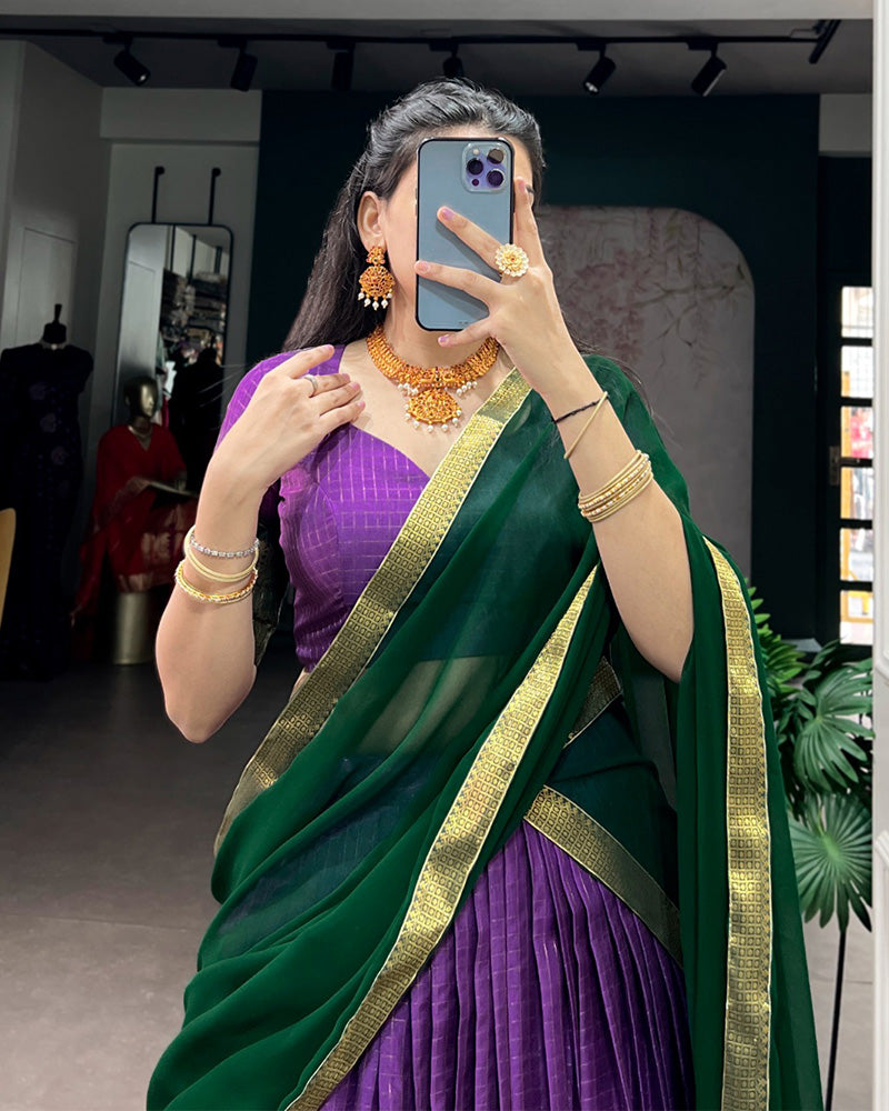 Purple Color Dola Chex Zari Weaving Half Saree