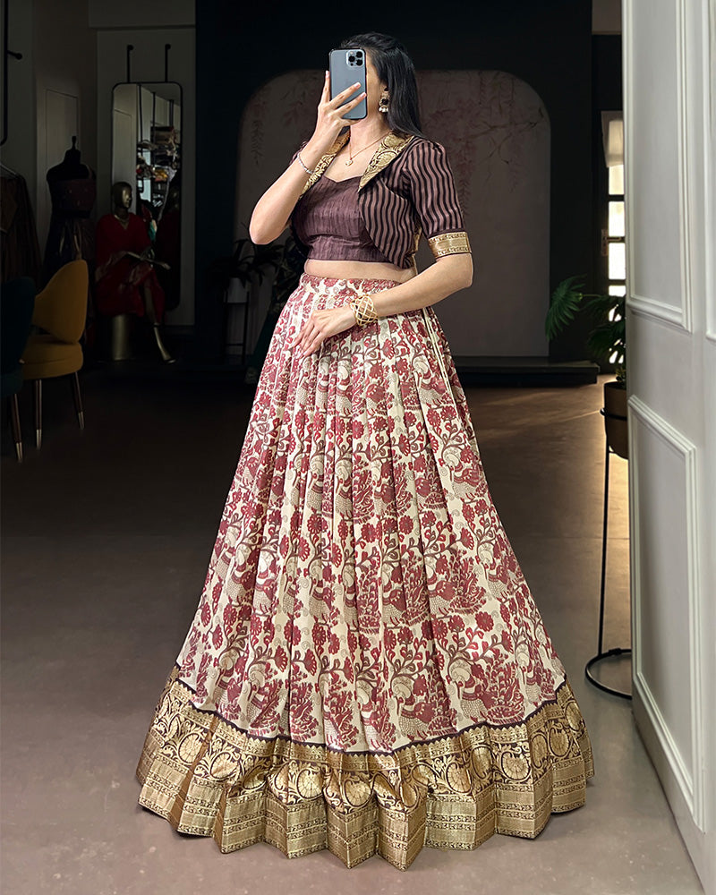 Brown Color Tasar Silk Viscose Printed Lehenga Choli