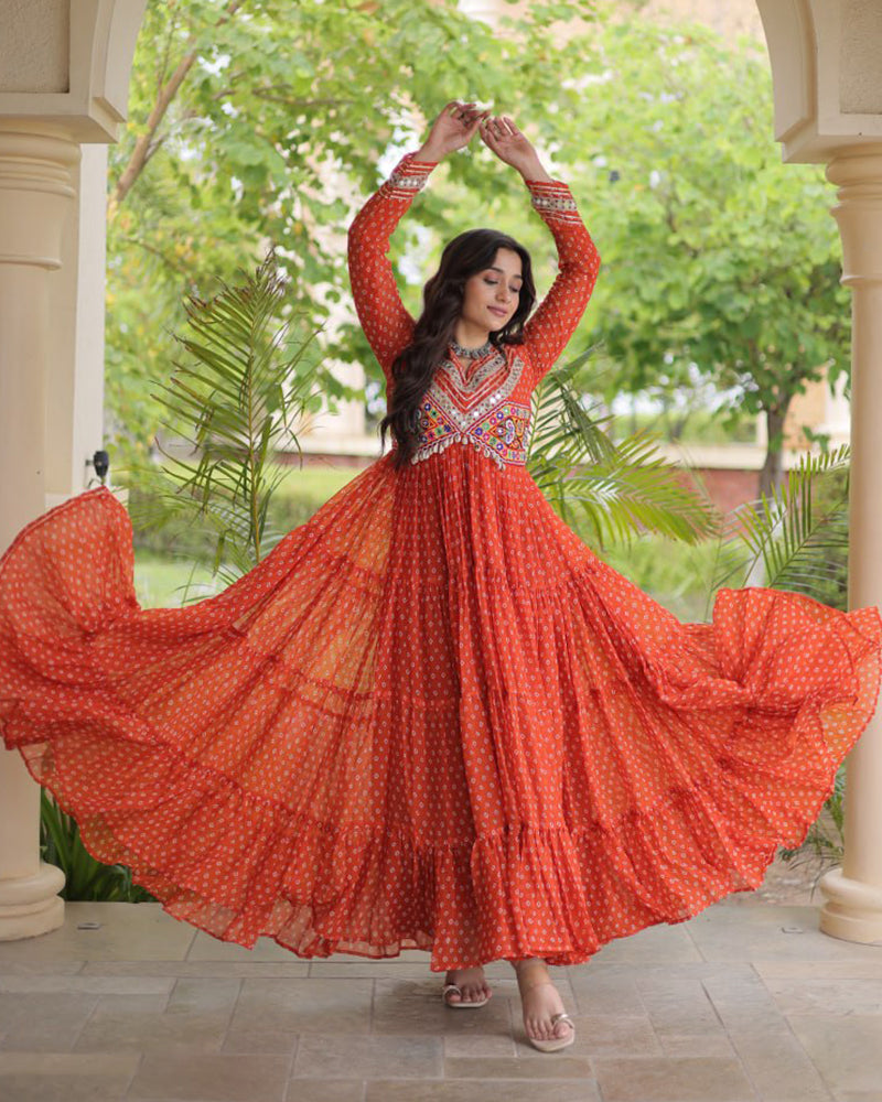 Four Color Georgette Bandhani Printed Navratri Gown