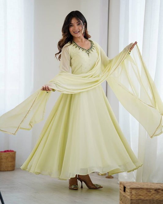 Pista Color Georgette Three Piece Anarkali Suit