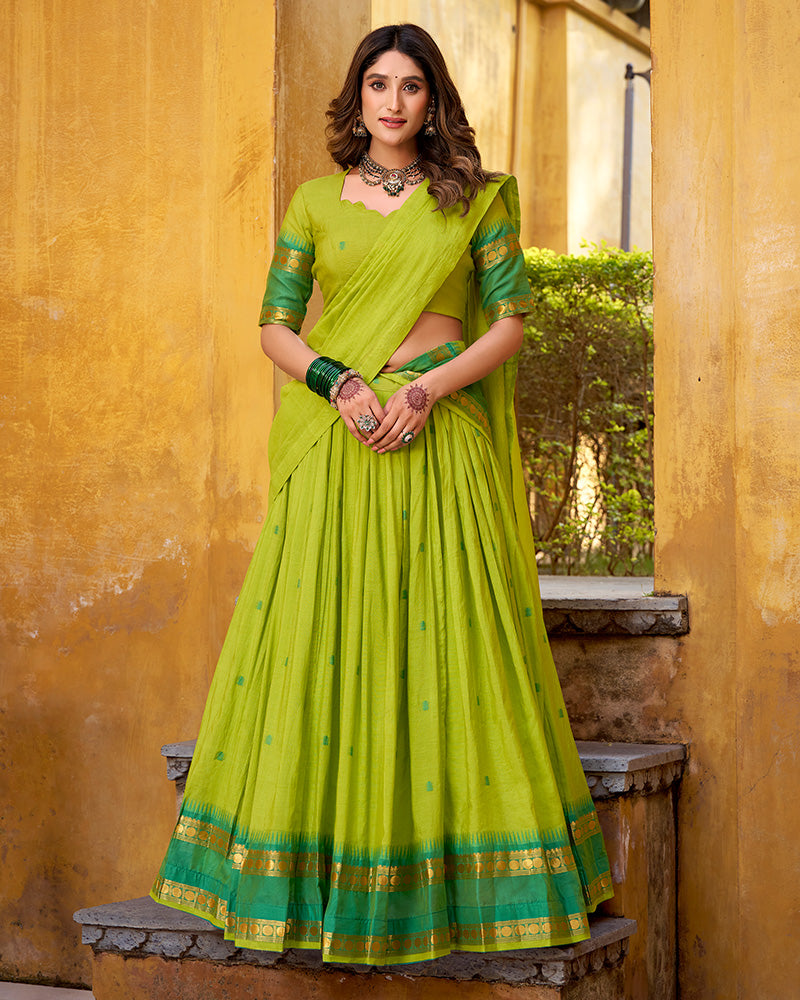 Elegant Parrot Green Chanderi cotton half saree lehenga choli
