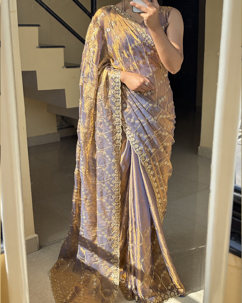 Luvender Color Space Silk Embroidered Saree