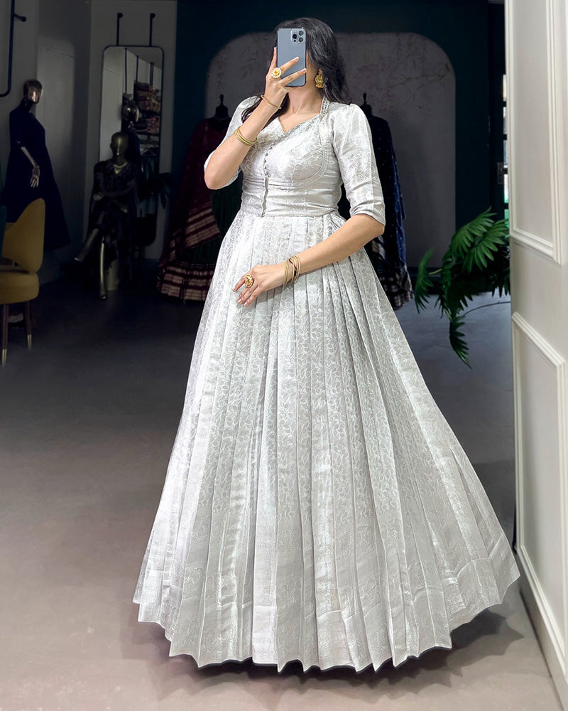 White Color Kanjivaram Zari Weaving Gown