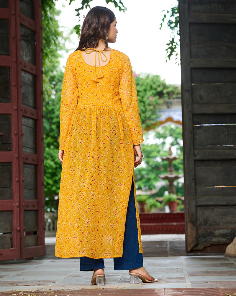 Festive Yellow Georgette Printed Kurti With Gamthi Patchwork