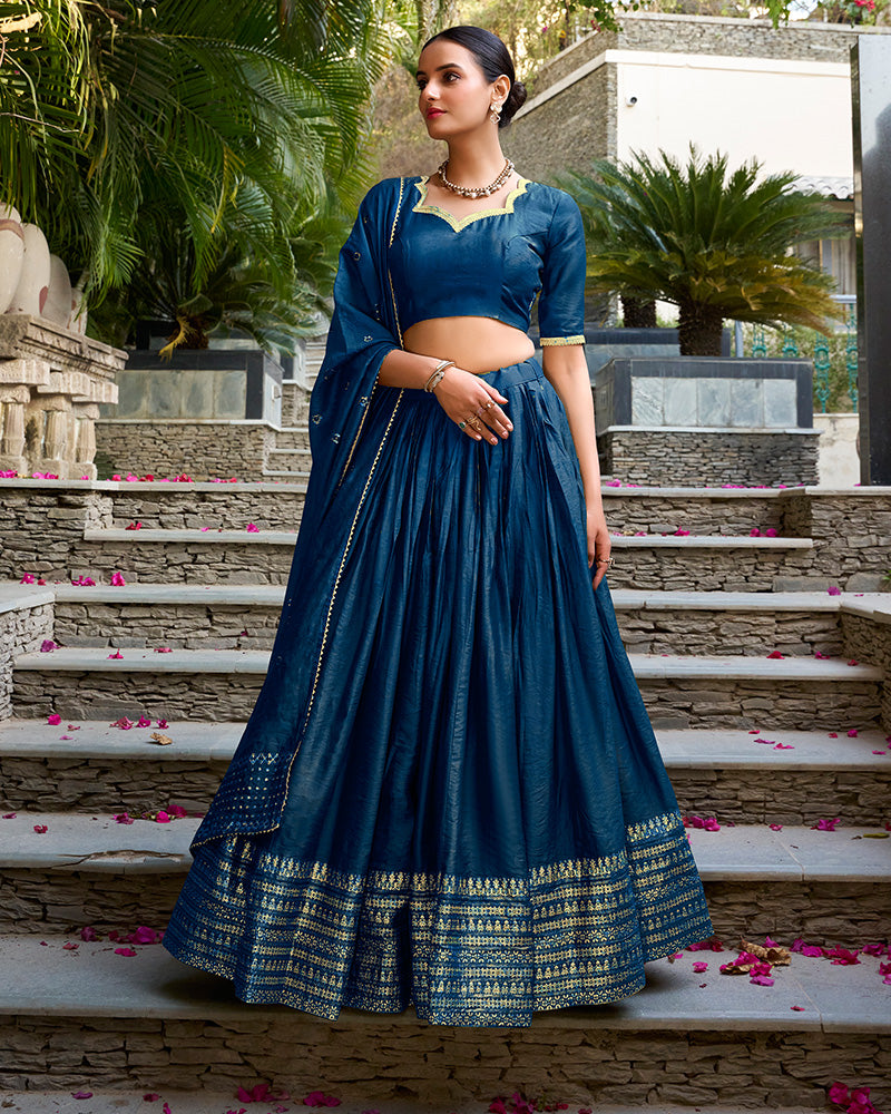 Navy Blue Color Pure Chanderi Plain Navratri Half Saree