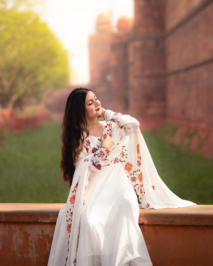 Vasundhara Singh In Off White Floral Soft Georgette Three Piece Anarkali Suit