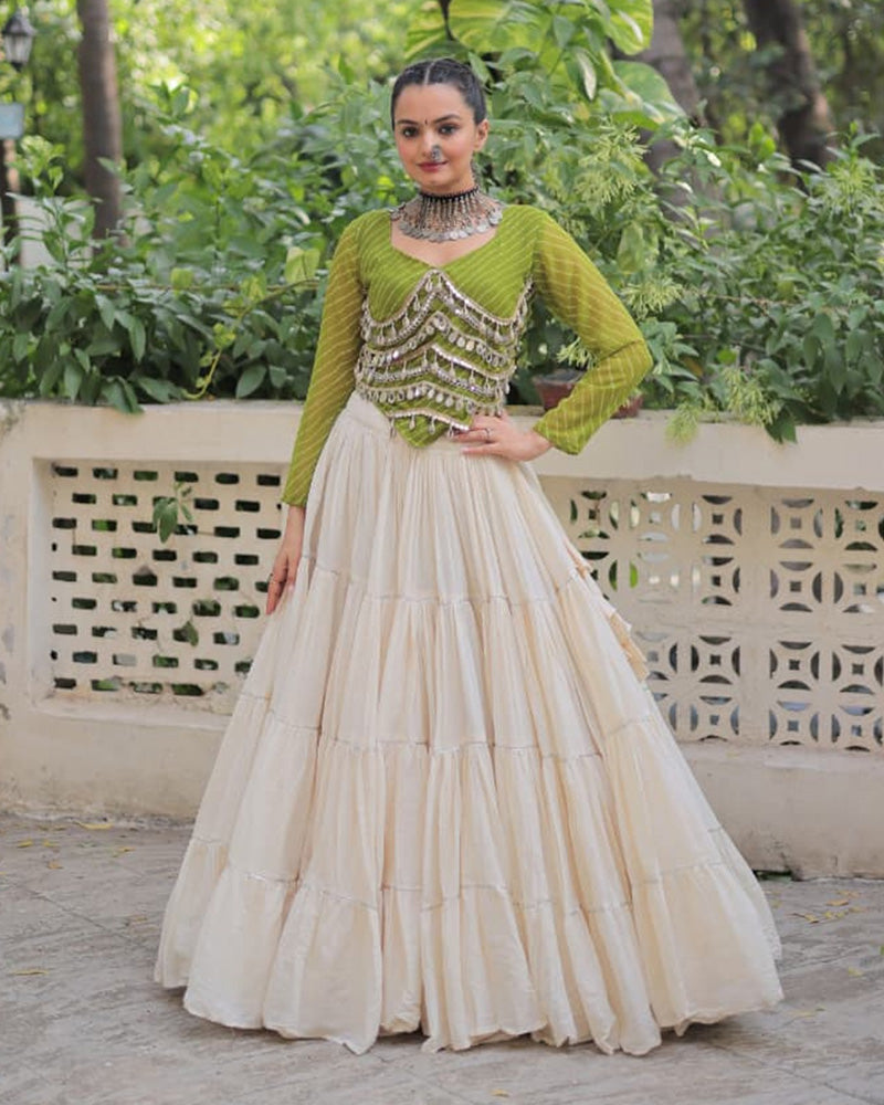 Parrot Green Color Laheriya Print Kurti With Kora Cotton Lehenga