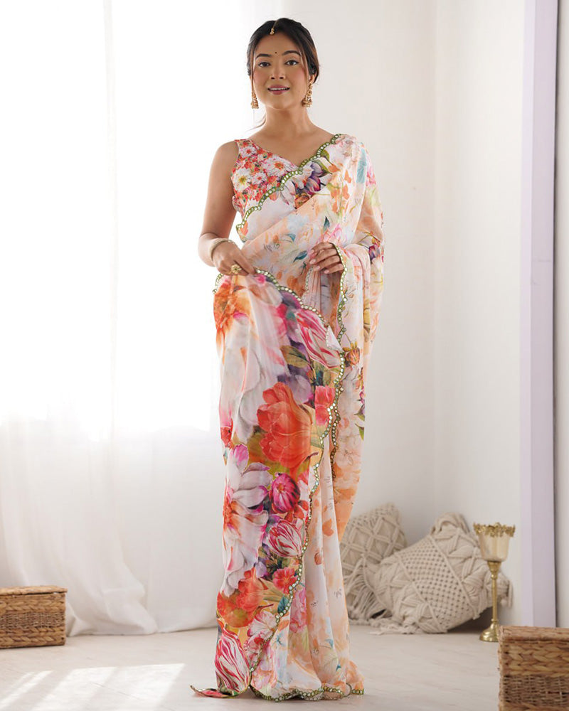 Peach Color Chinnon Silk Saree