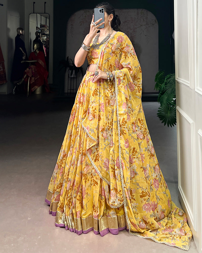 Yellow Color Chiffon Printed Lehenga Choli
