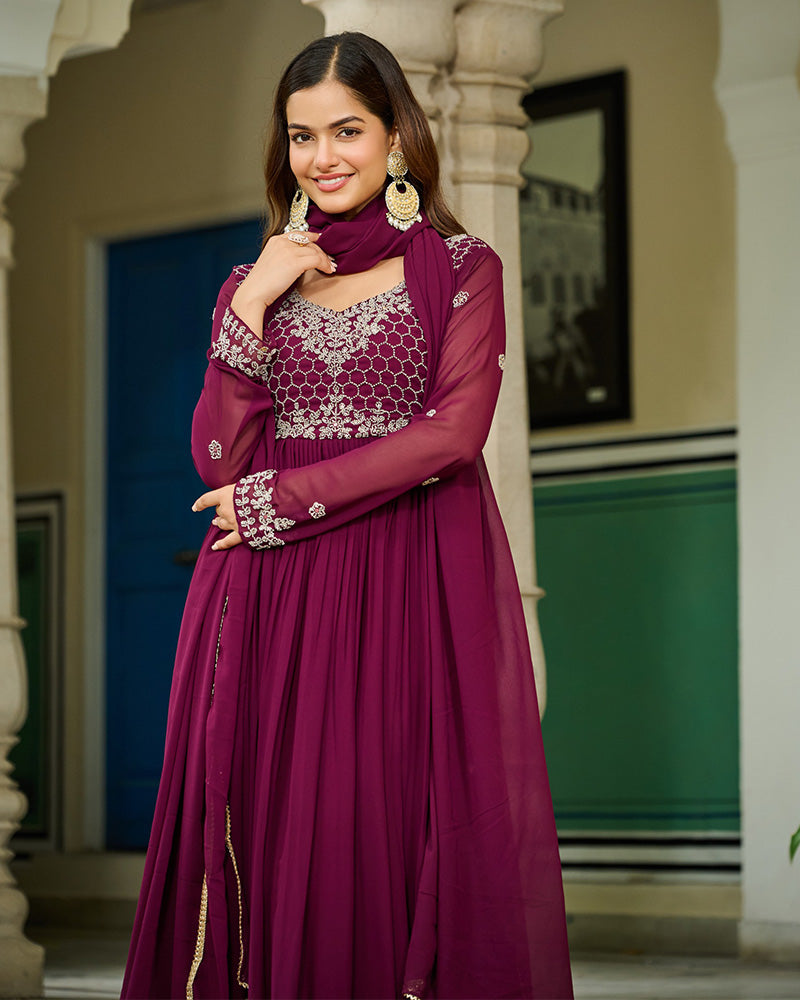 Wine Color Faux Blooming Beads Embroidered Gown