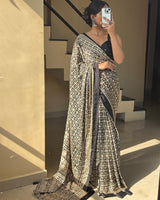 Black Color Pure Crape Silk Ajarakh Print Saree