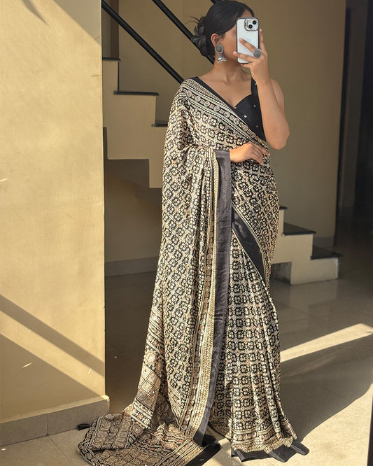 Black Color Pure Crape Silk Ajarakh Print Saree