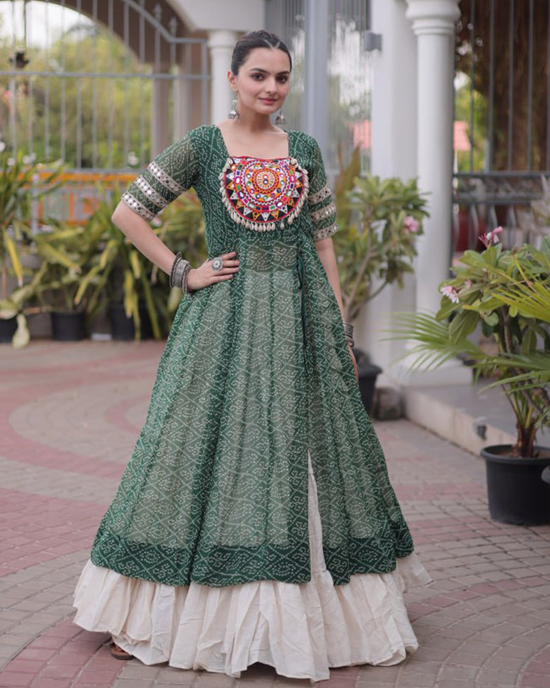 Green  Color Bandhani Printed Kurti With Kora Cotton Lehenga