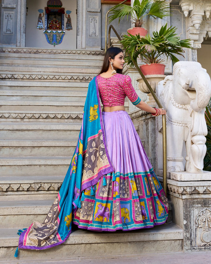 Lavender Color Tussar Silk Kalamkari Printed Lehenga Choli