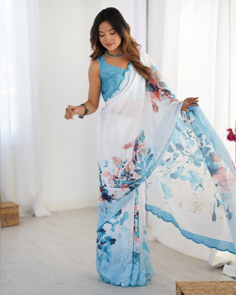 Ocean White Color Chinnon Silk Digital Printed Saree