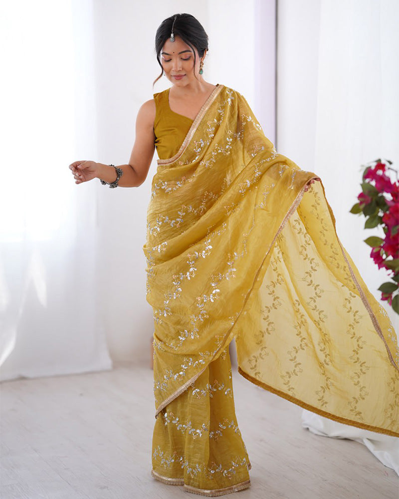Golden Color Smooth Gold Crush Embroidered Saree