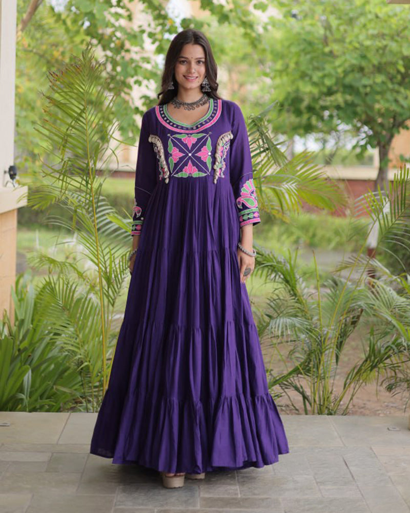 Two Color Kora Cotton with Multi Thread Embroidered Navratri Gown