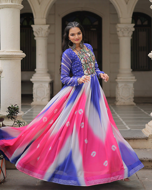 Blue Color Faux Georgette Bandhej Print Navratri Gown