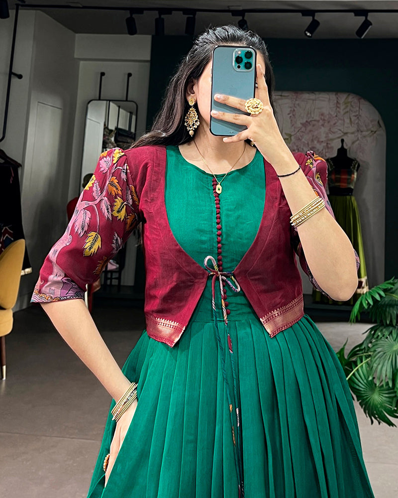 Teal Green Color Polyester Viscose Chanderi Gown