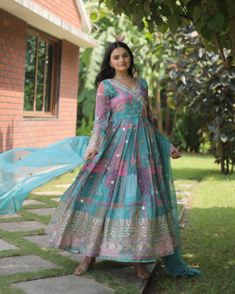 Wedding Wear Embroidery Sky Blue Color Gown With Dupatta