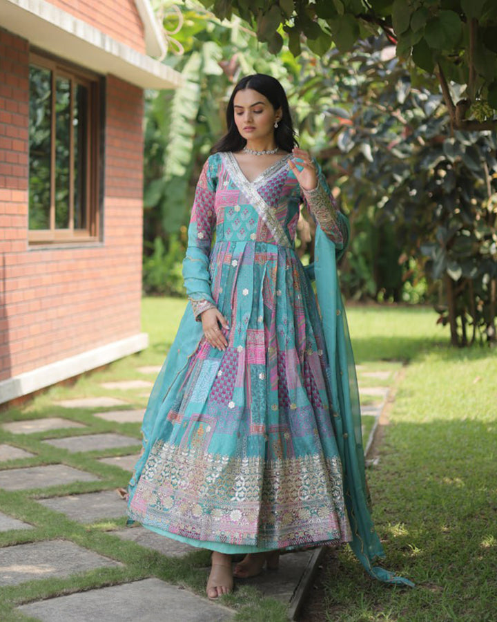 Wedding Wear Embroidery Sky Blue Color Gown With Dupatta