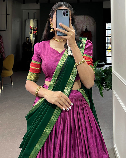 Pink Color Zari Weaving Poly Cotton Half Saree