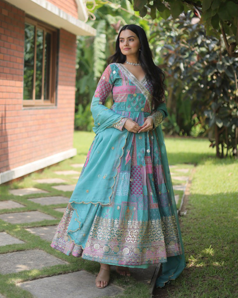 Wedding Wear Embroidery Sky Blue Color Gown With Dupatta