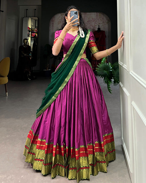 Pink Color Zari Weaving Poly Cotton Half Saree