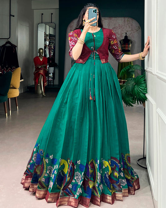 Teal Green Color Polyester Viscose Chanderi Gown