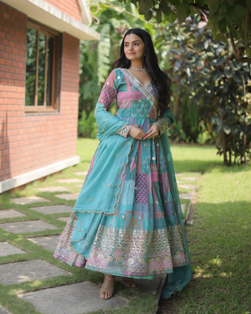 Wedding Wear Embroidery Sky Blue Color Gown With Dupatta