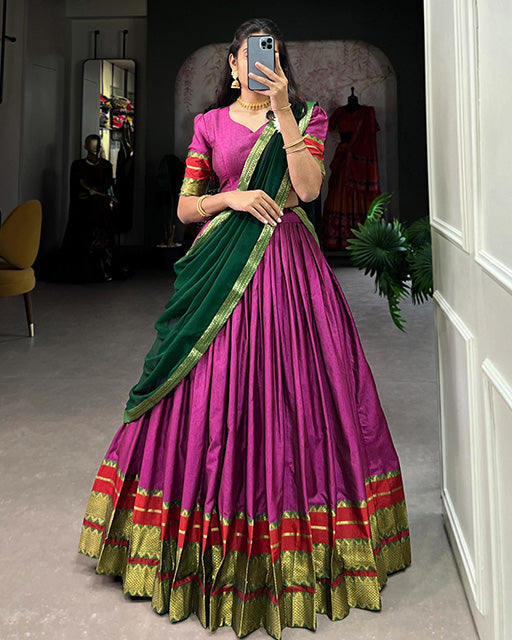 Pink Color Zari Weaving Poly Cotton Half Saree