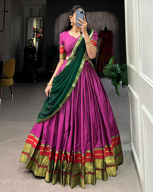 Pink Color Zari Weaving Poly Cotton Half Saree
