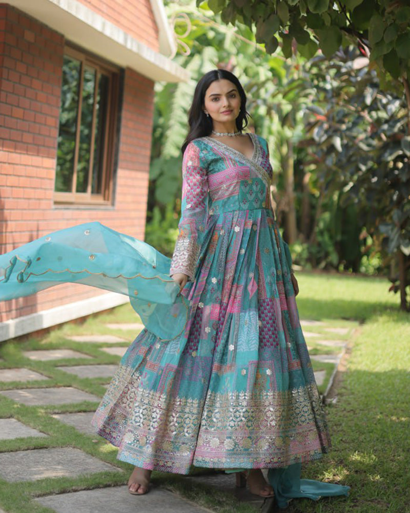 Wedding Wear Embroidery Sky Blue Color Gown With Dupatta