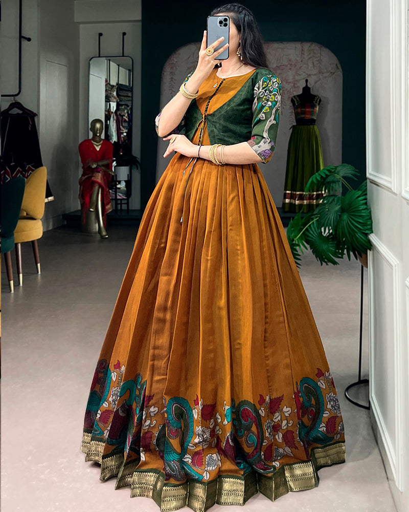 Mustard Color Polyester Viscose Chanderi Gown