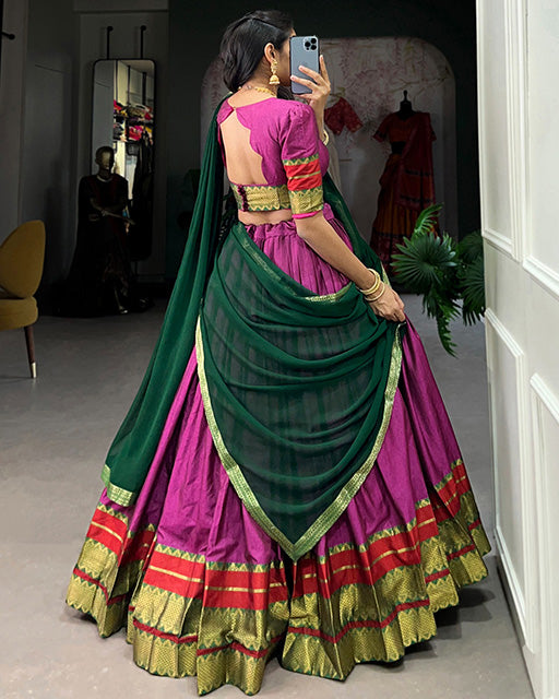 Pink Color Zari Weaving Poly Cotton Half Saree