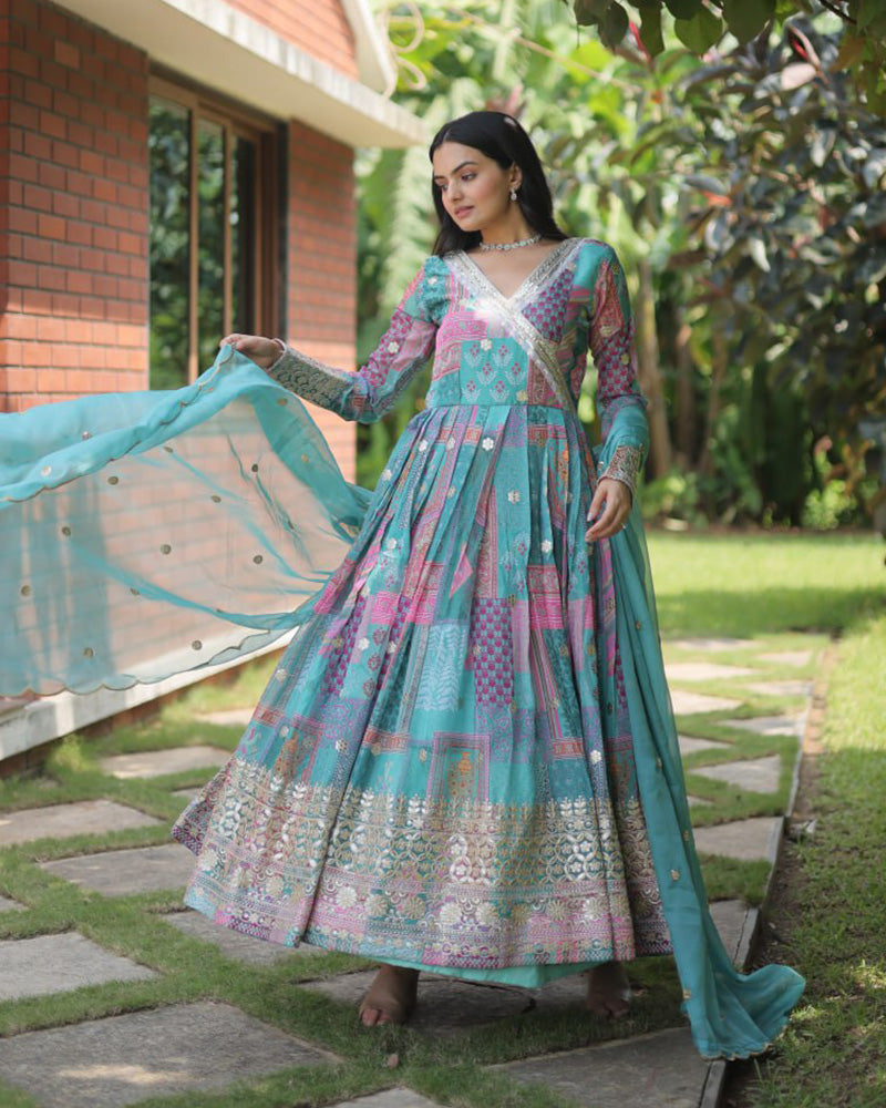 Wedding Wear Embroidery Sky Blue Color Gown With Dupatta