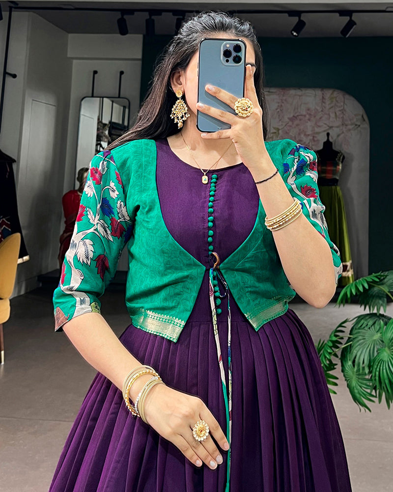 Purple Color Polyester Viscose Chanderi Gown