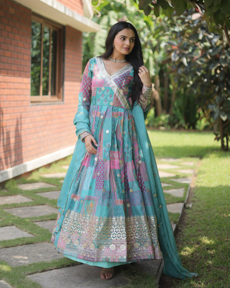 Wedding Wear Embroidery Sky Blue Color Gown With Dupatta