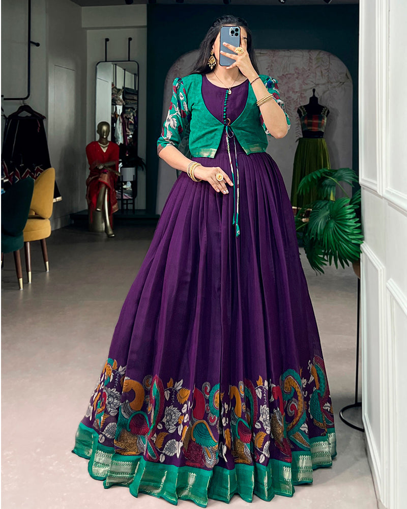 Purple Color Polyester Viscose Chanderi Gown