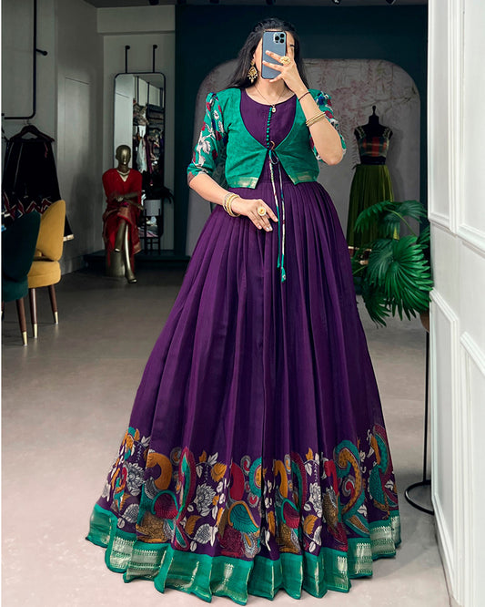 Purple Color Polyester Viscose Chanderi Gown