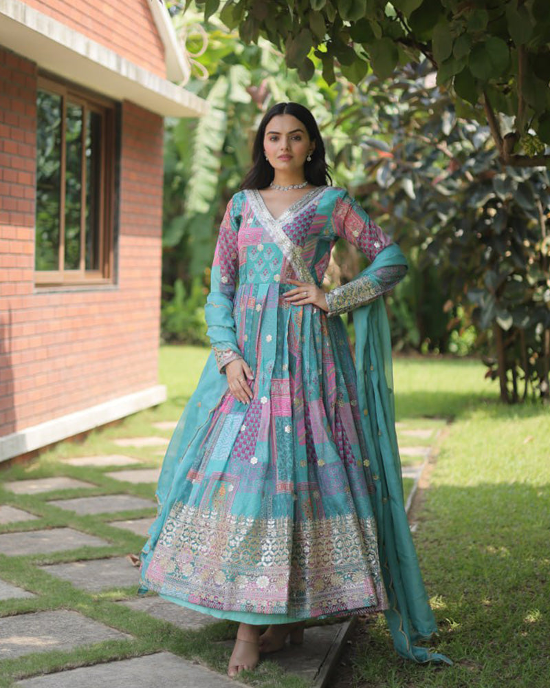 Wedding Wear Embroidery Sky Blue Color Gown With Dupatta