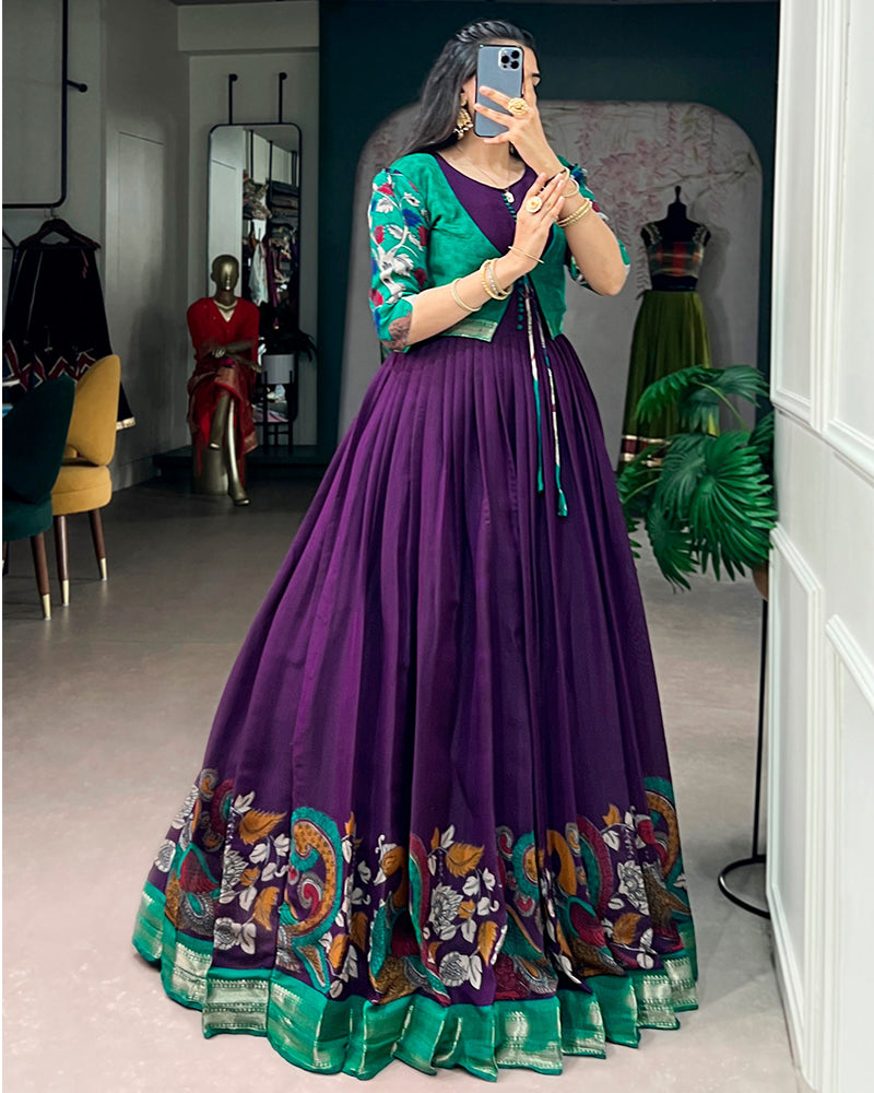 Purple Color Polyester Viscose Chanderi Gown