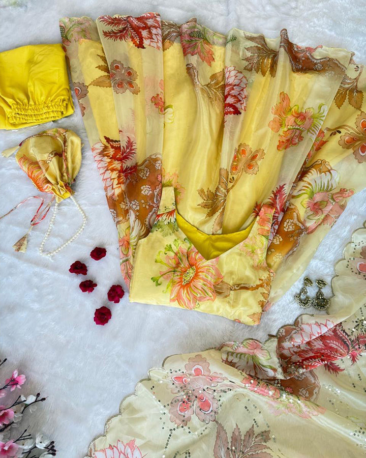 Yellow Color Digital Printed Soft Organza Anarkali Suit