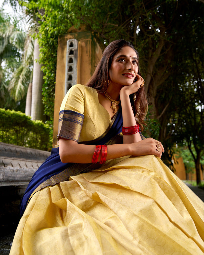 Traditional Navy Blue Color Kanchipuram Zari Weaving Half Saree