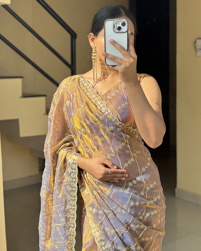 Luvender Color Space Silk Embroidered Saree